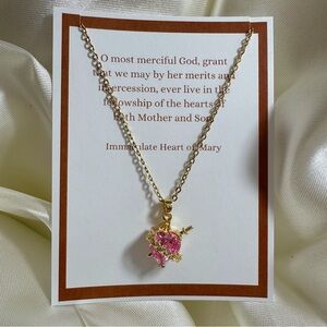 Immaculate Heart of Mary 18k gold necklace pink stone